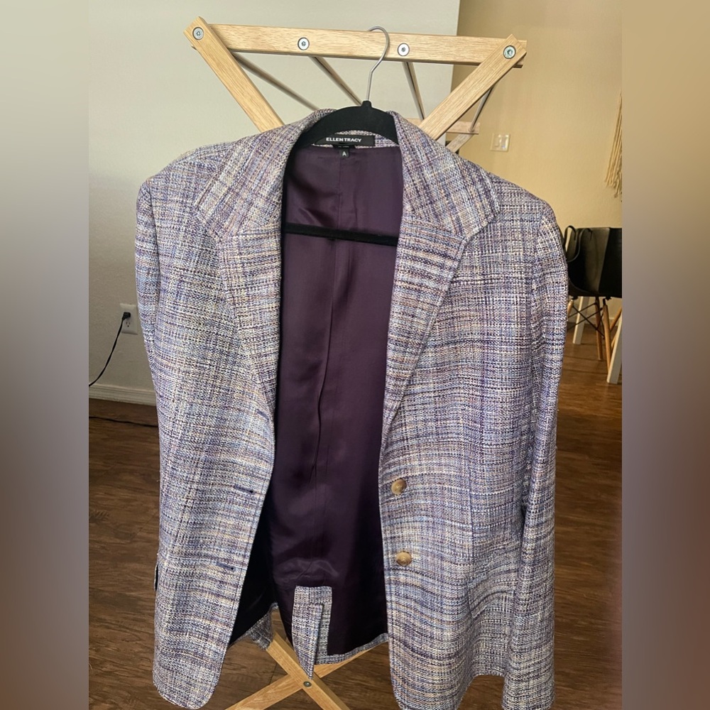 Ellen Tracy Tweed blazer with purple, blue, and white